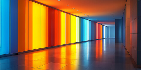 Modern corridor with colorful backlit glass panels creating vibrant reflections