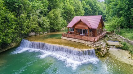 Tranquil Cabin Retreat Overlooking Picturesque Waterfall Surrounded by Lush Green Forest and Calm Waters Ideal for Nature Lovers and Escape Seekers