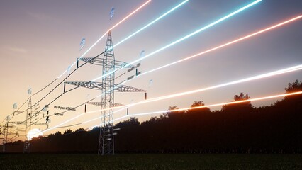 Visualization of energy stream travelling through overhead electrical transfer lines over sunset...