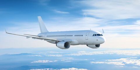 Obraz premium White passenger airplane flying above clouds on blue sky