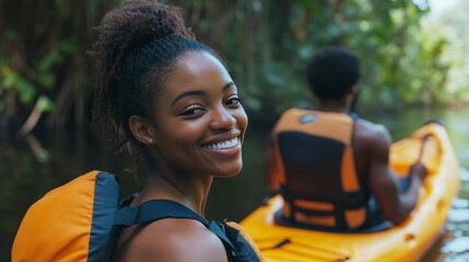 Exploring nature  black adventurers enjoying kayaking and outdoor activities together