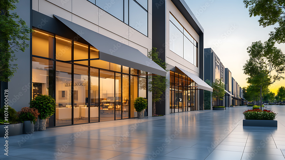 Poster modern retail and business complex with sleek awning inviting storefront and office space for rent o
