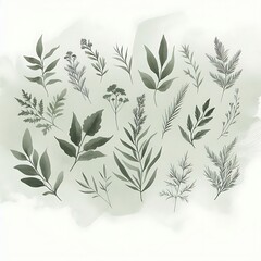 Subtle watercolor background in olive green with soft herb silhouettes