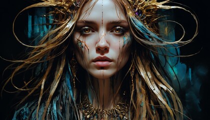 Closeup portrait of a woman with long wild golden hair, standing alone in a dark room, painted nails, piercing black eyes