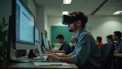 Student engaged in virtual reality learning at university computer lab during the afternoon
