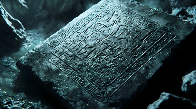 Closeup of a weathered stone tablet covered in intricate hieroglyphs from the book of thoth each symbol pulsates with a faint light hinting at the hidden knowledge it contains. Arcane. Illustration