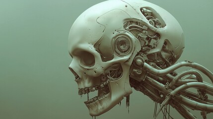 A meticulously designed mechanical skull blends human anatomy with advanced cybernetic elements. intricate wiring and elaborate gearwork create a seamless fusion of technology and biology