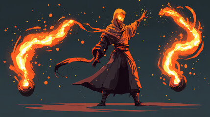 Dark elemental mage levitate casting glowing arcane fire spell, ai generative. Arcane. Illustration