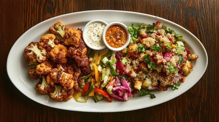 Freshly Prepared Platter of Spicy Roasted Cauliflower with Colorful Salad and Quinoa, Served with Dipping Sauces on a Rustic Wooden Table