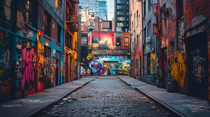 Fototapeta premium An intricate graffiti masterpiece revitalizing an old urban alley, merging futuristic geometric patterns and bright, saturated tones