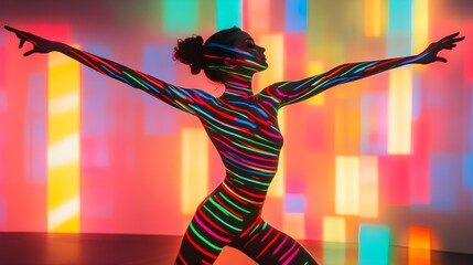 Artistic silhouette in a dynamic pose, surrounded by abstract neon shapes, emphasizing boldness and creative expression in a distinctive urban setting