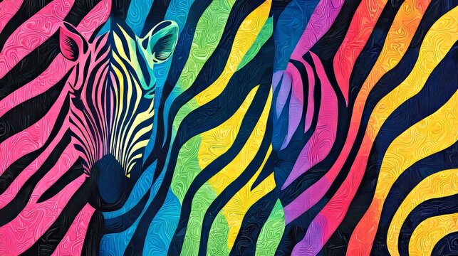 Zebra print with bold, vivid stripes of rainbow colors against a jet-black background, offering an eye-catching, playful aesthetic. Colorful zebra pattern, Dynamic contrast design