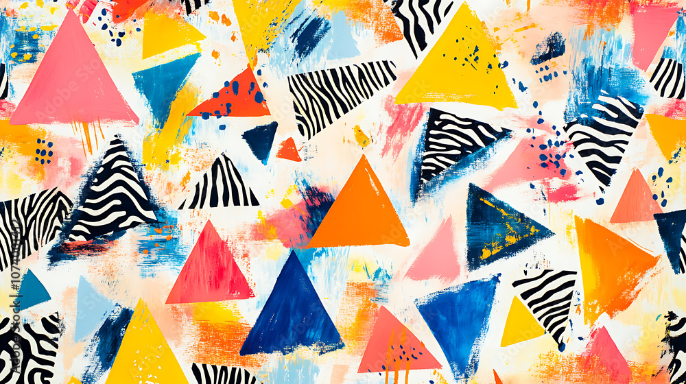 Poster pattern of various triangles in bright colors with brush strokes and zebra stripes, on a white backg
