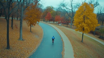 Scenic Autumn Bike Ride Through Leafy Park Path with Vibrant Trees and Fallen Leaves Surrounding a Serene Cycling Experience