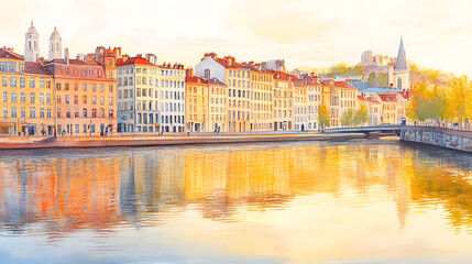 Naklejka premium Serene saone river reflecting colorful historic buildings of lyon france soft golden hour light watercolor painting