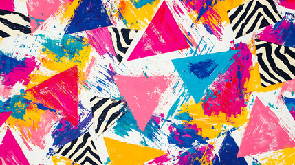 Fototapeta premium Pattern of various triangles in bright colors with brush strokes and zebra stripes, on a white background, vibrant, tropical vibes