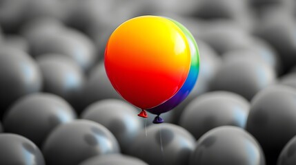 Bold rainbow balloon emerging from a group of grey balloons, capturing attention with its lively color, highlighting the power of creativity