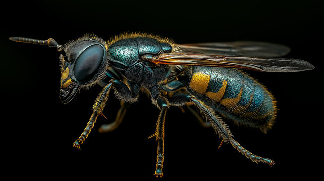 Cuckoo wasp displaying iridescent metallic blue and gold colors