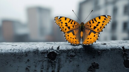 Obraz premium Bright butterfly on a dull grey concrete wall, with the backdrop of abandoned industrial buildings, emphasizing nature's beauty amidst urban decay