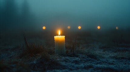 Bright candle standing against the wind on a pitch-black night, others around extinguished, symbolizing undying hope and resilience