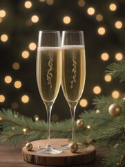 Decorated Christmas tree and champagne on background of blurred lights, cozy holiday