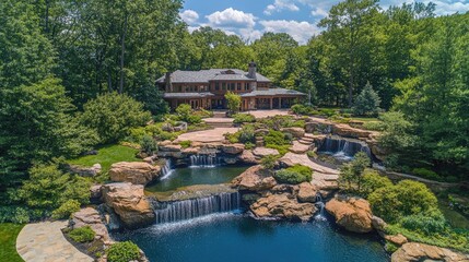 Fototapeta premium Aerial View of a Luxurious Residence Surrounded by Lush Greenery and Serene Waterfalls, Showcasing an Expansive Outdoor Landscape and Elegant Architecture