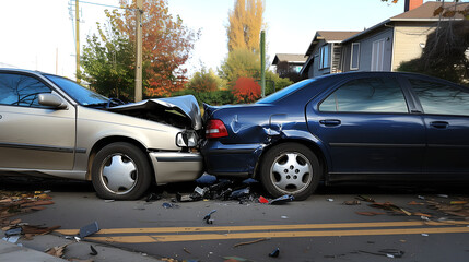 Auto accident involving two cars on a city street during autumn, a beige and a dark blue sedan in a rear-end collision on an empty suburban road.