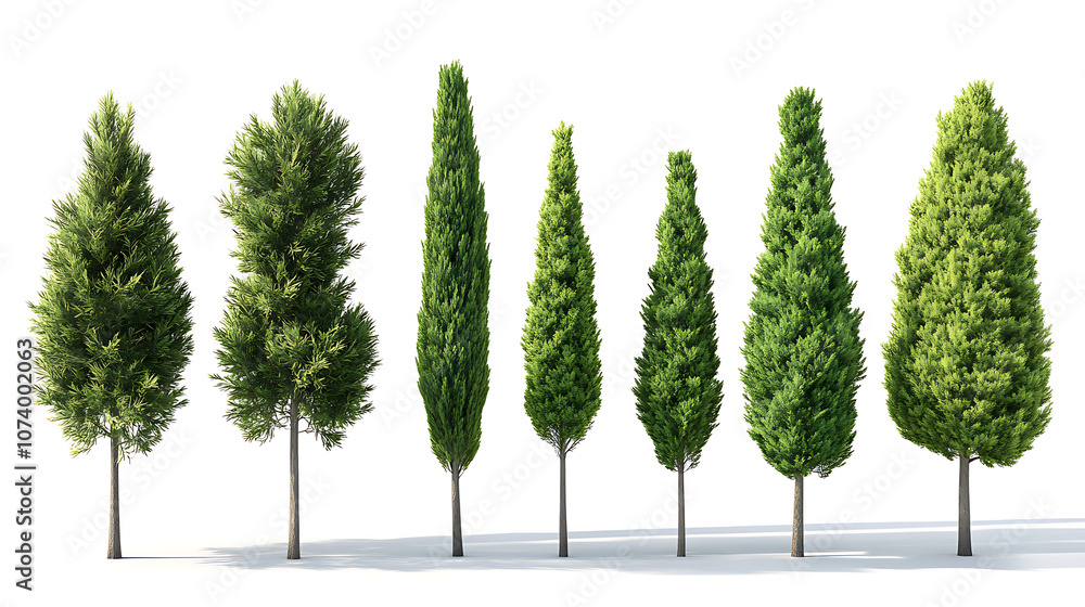 Poster realistic 3d illustration set of cupressus sempervirens evergreen trees isolated on white background