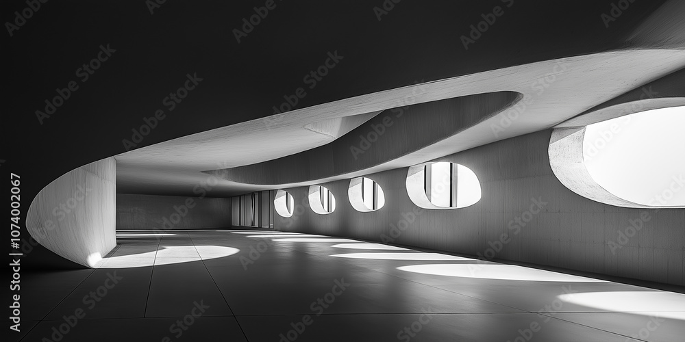 Poster Modern architecture interior with oval windows and curved walls creating light and shadow play in black and white