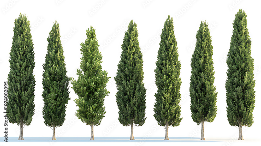 Poster realistic 3d illustration set of cupressus sempervirens evergreen trees isolated on white background