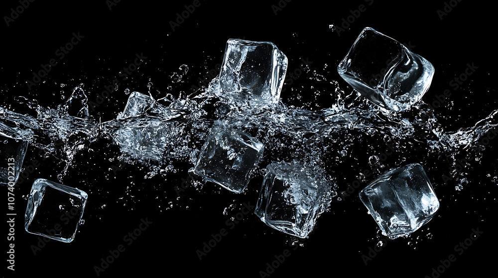 Poster refreshing splash of ice cubes in water closeup abstract photo