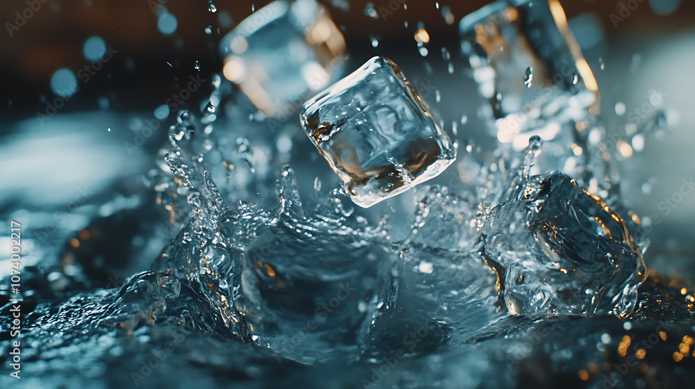 Poster refreshing splash of ice cubes in water closeup abstract photo