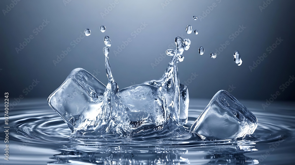 Poster refreshing splash of ice cubes in water closeup abstract photo