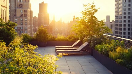 Serene Rooftop Garden with Relaxing Loungers and Urban Skyline at Sunset, Showcasing Nature Against City High-Rise Buildings in Warm Golden Light