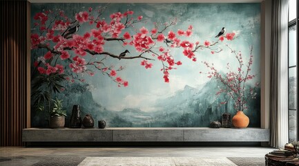 A large wall mural depicting a tranquil Asian landscape with cherry blossoms, birds, and mountains.