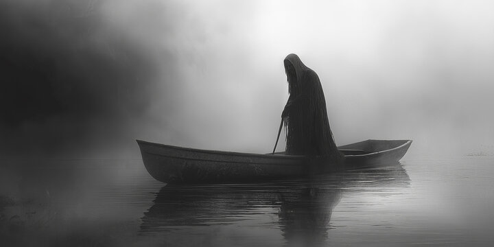 Death rowing in a boat on the river styx in the underworld