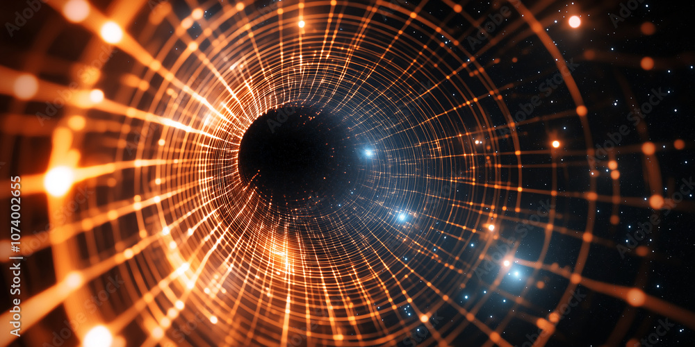 Poster wormhole tunnel representing time travel through spacetime with glowing grid and stars