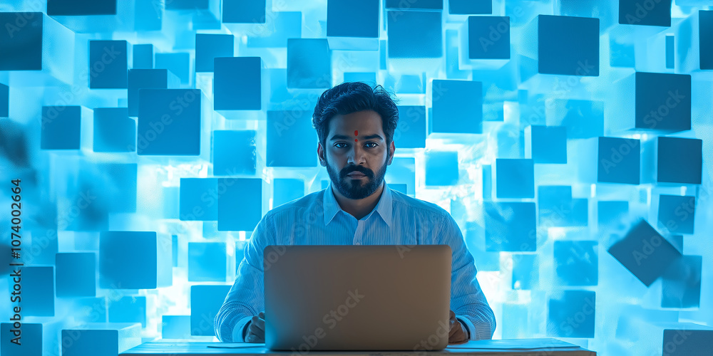 Poster Indian software developer working on laptop with abstract blue cubes background