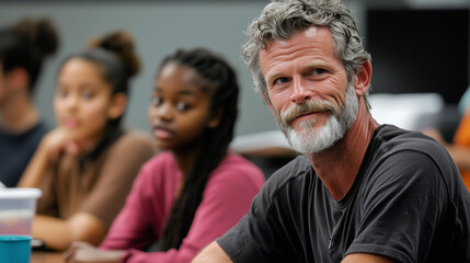 Over the shoulder view of man teaching engaged students listening