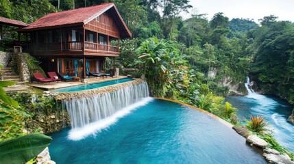 Naklejka premium Serene Tropical Retreat with Private Pool and Lush Greenery Surrounding a Charming Wooden House Overlooking a Scenic Waterfall in a Beautiful Landscape