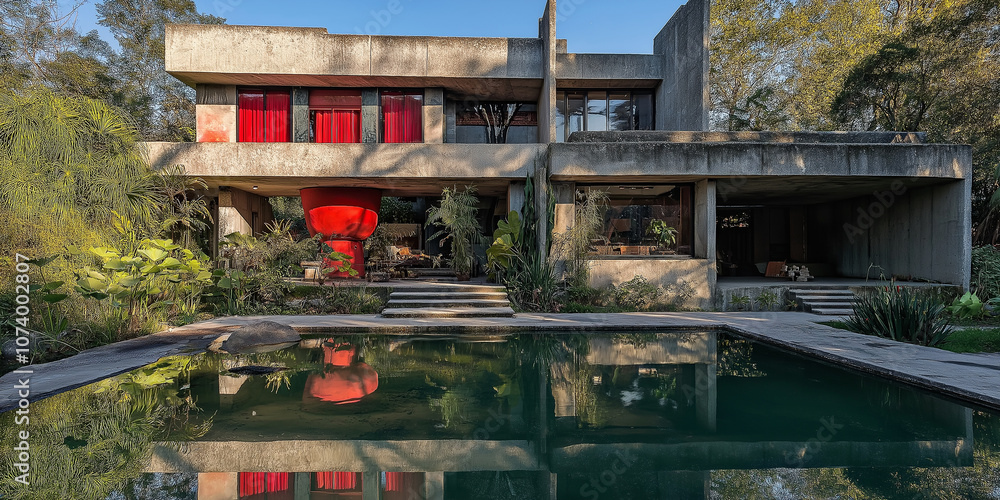Poster brutalist concrete architecture house reflecting in swimming pool
