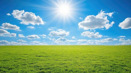 Fototapeta premium Bright Sunny Sky with Fluffy Clouds Over Lush Green Grass Field, Representing Natural Beauty, Tranquility, and Vibrant Outdoor Landscapes in a Clear Summer Day