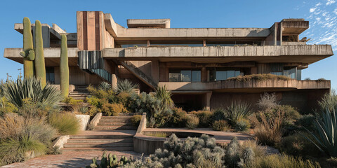 Brutalist concrete architecture blending with desert landscape in sardinia, italy