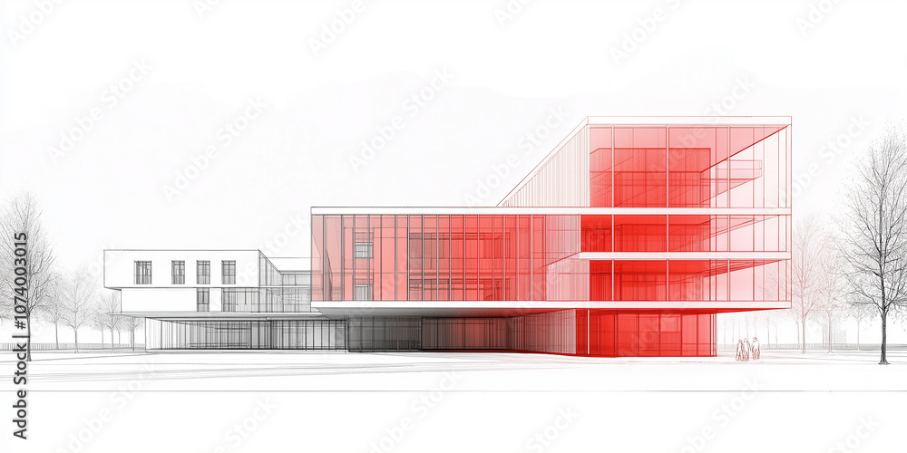 Poster modern architecture project showing a building with red glass walls