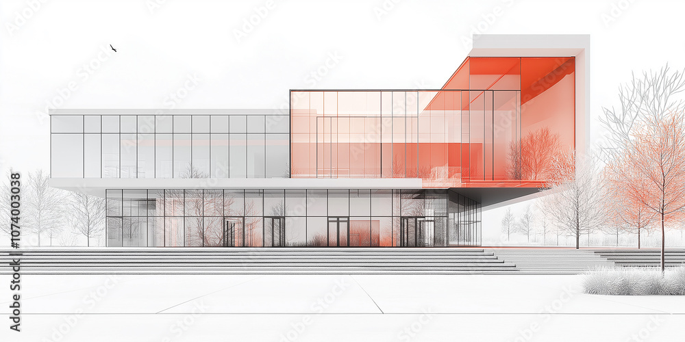Poster modern building with red accents standing in a sketchy environment