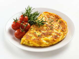 Golden potato omelette with sprigs of rosemary and fresh cherry tomatoes. AI generative.