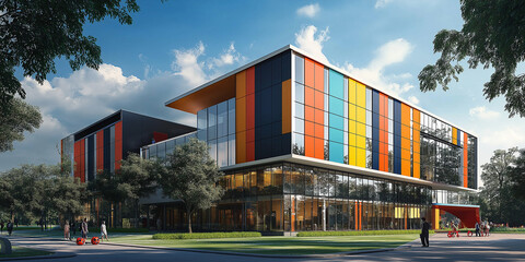 Obraz premium Modern office building exterior with colorful facade on sunny day