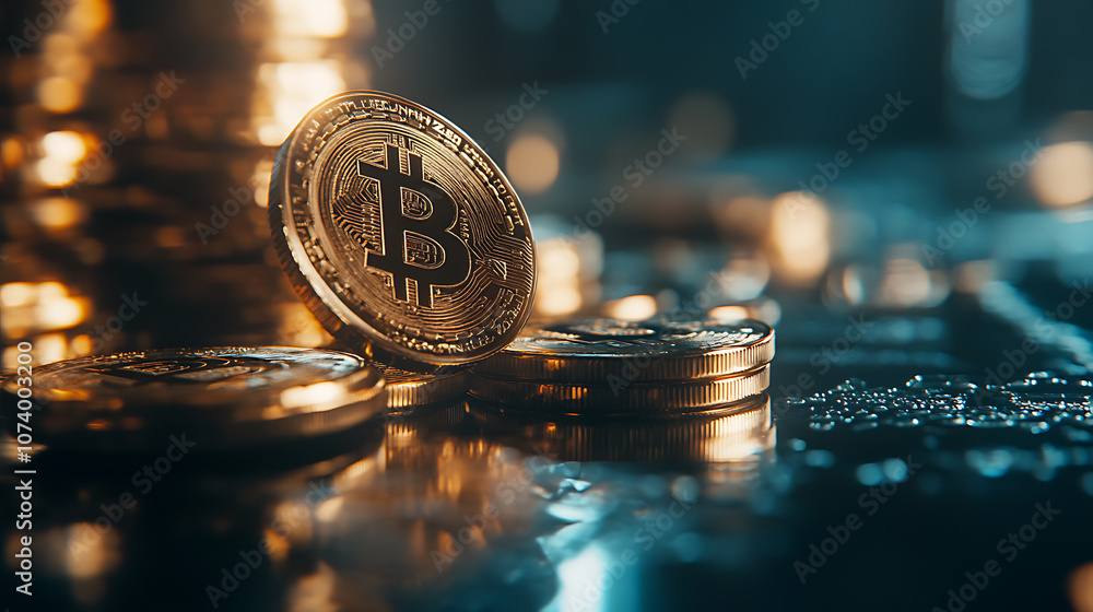 Poster shiny golden bitcoins stacked in neat pile image