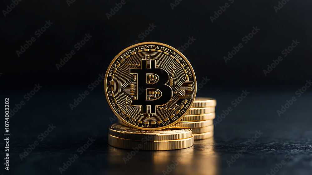 Poster shiny golden bitcoins stacked in neat pile image