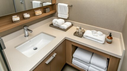 Modern Bathroom Design with Stylish Countertop Features, Neatly Arranged Towels, and Elegant Accessories for a Sophisticated Look and Feel in a Contemporary Setting